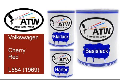 Volkswagen, Cherry Red, L554 (1969): 1L Lackdose + 1L Klarlack + 500ml Härter - Set, von ATW Autoteile West.